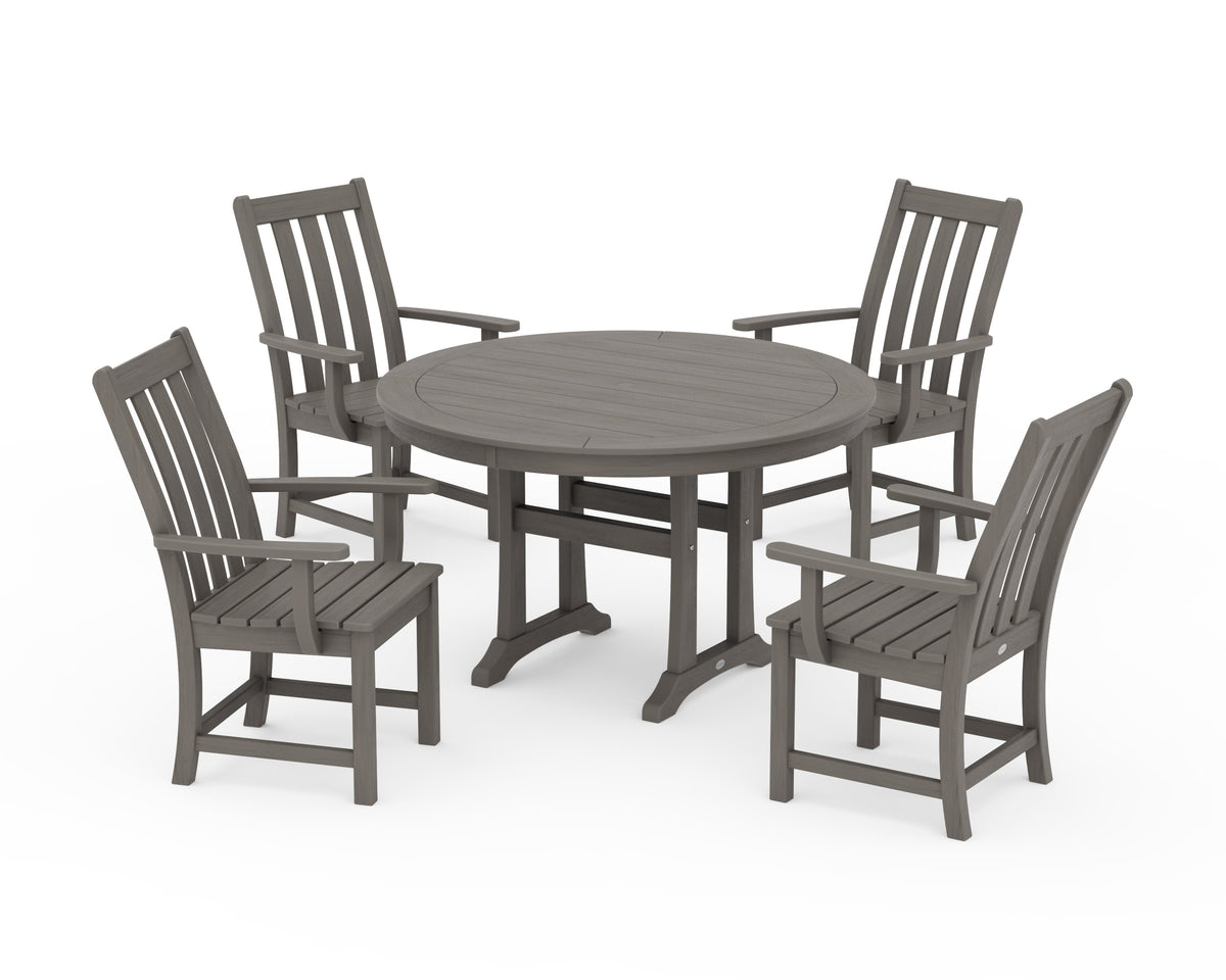 POLYWOOD Vineyard 5-Piece Round Dining Set with Trestle Legs in Driftwood