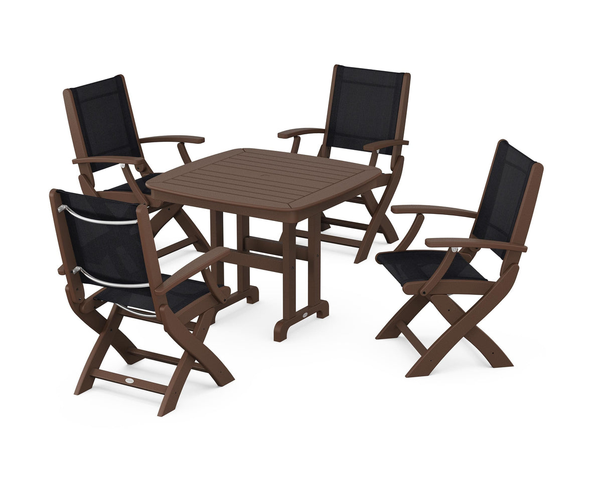 POLYWOOD Coastal Folding Chair 5-Piece Dining Set with Nautical 37" Dining Table in Mahogany / Black