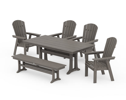 POLYWOOD Nautical Curveback Adirondack 6-Piece Farmhouse Dining Set with Trestle Legs and Bench in Driftwood
