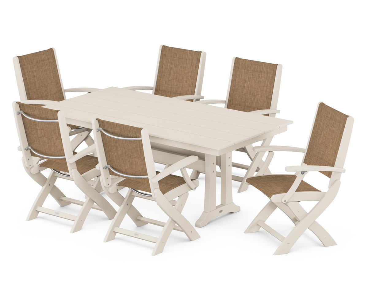 POLYWOOD Coastal Folding Arm Chair 7-Piece Farmhouse Dining Set with Trestle Legs in Sand / Burlap