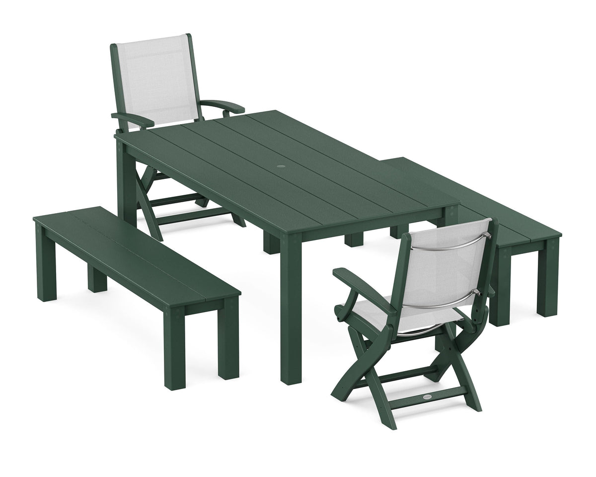 POLYWOOD Coastal Folding Chair 5-Piece Parsons Dining Set with Benches in Green / White