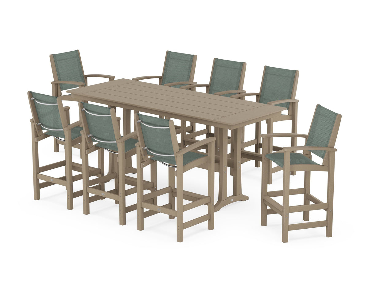 POLYWOOD Coastal 9-Piece Farmhouse Bar Set with Trestle Legs in Vintage Sahara / Dupioni Sea Mist