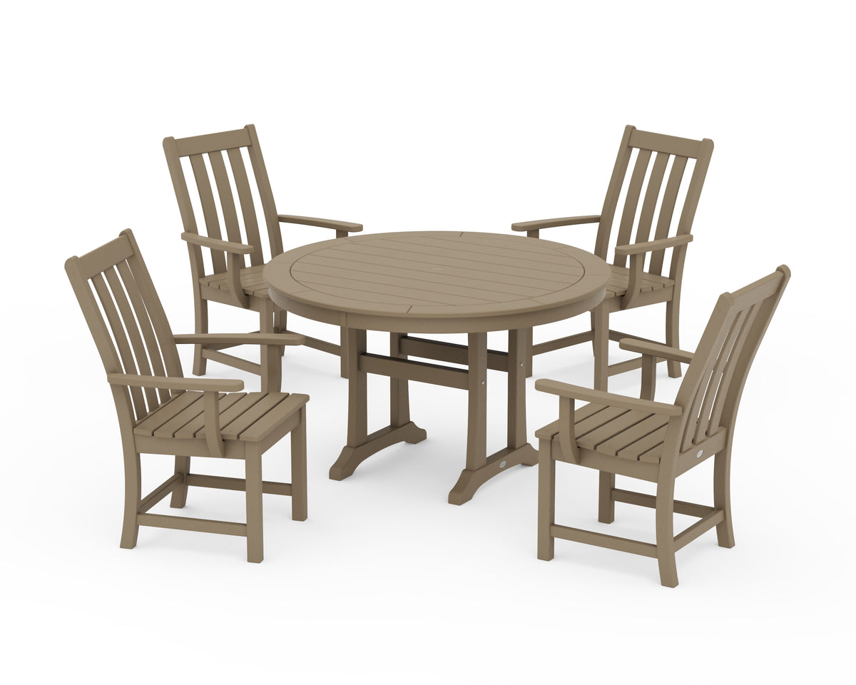POLYWOOD Vineyard 5-Piece Round Dining Set with Trestle Legs in Vintage Sahara