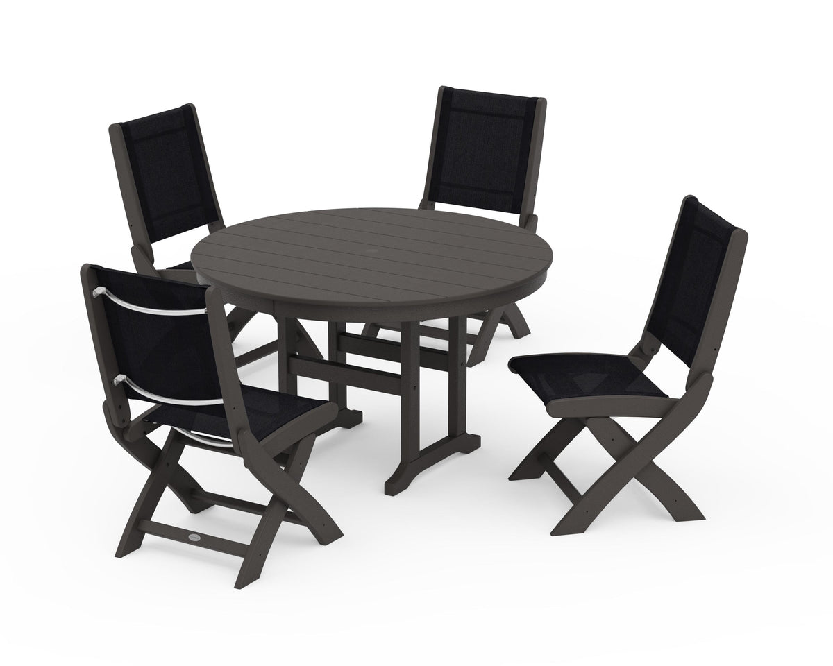 POLYWOOD Coastal Folding Side Chair 5-Piece Round Dining Set in Vintage Coffee / Black