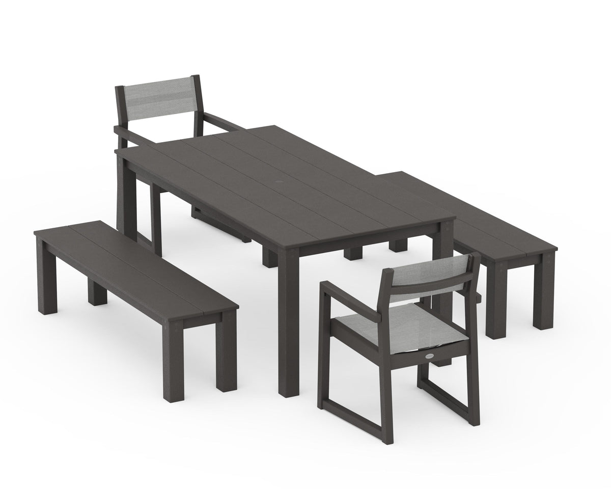 POLYWOOD EDGE Sling Arm Chair 5-Piece Parsons Dining Set with Benches in Vintage Coffee / Metallic