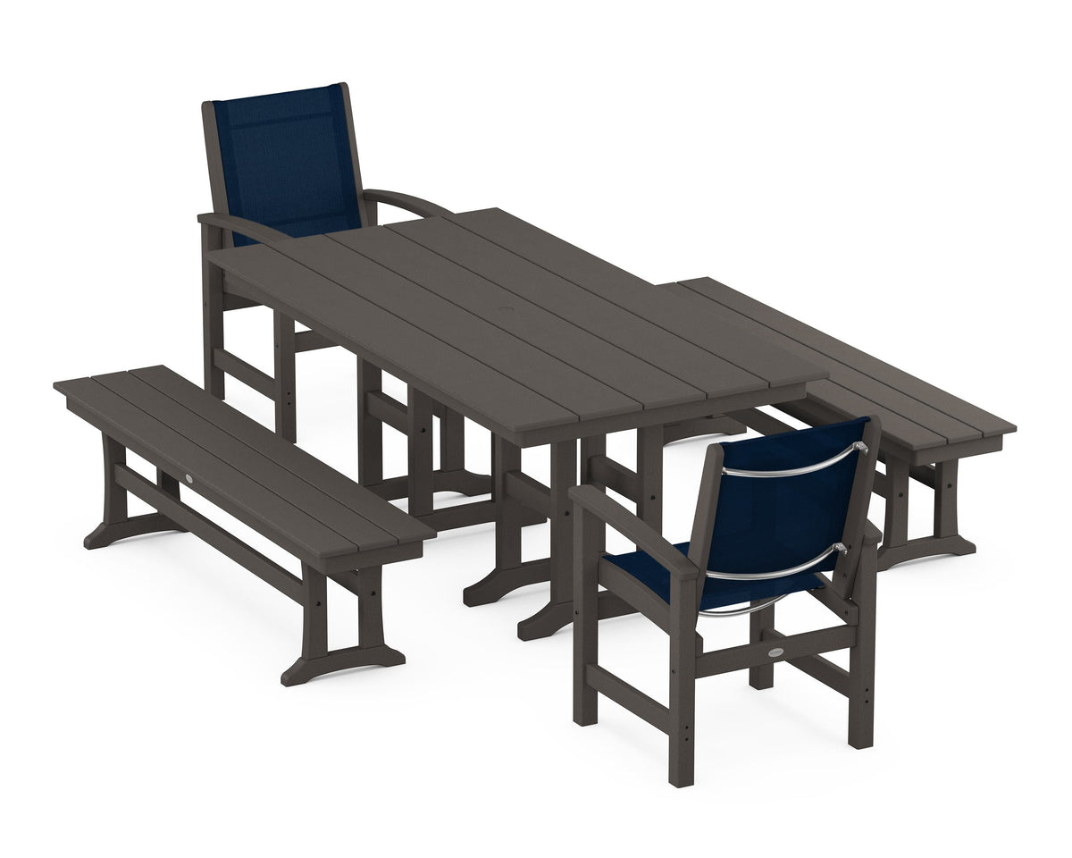 POLYWOOD Coastal 5-Piece Farmhouse Dining Set with Farmhouse 37" x 72" Dining Table in Vintage Coffee / Navy Blue