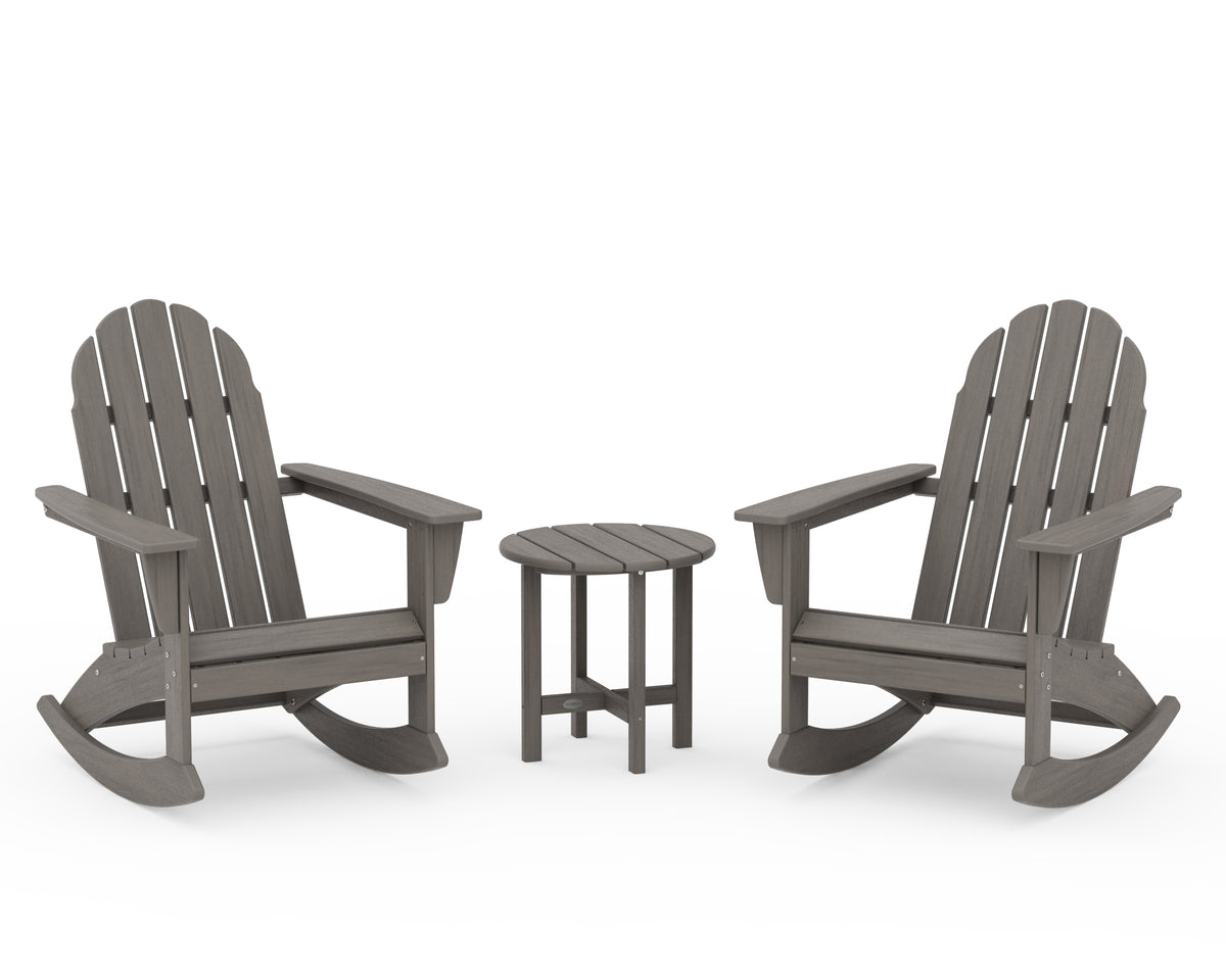POLYWOOD Vineyard 3-Piece Adirondack Rocking Chair Set with 18" Round Table in Driftwood
