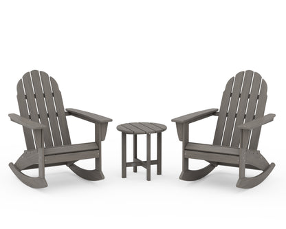 POLYWOOD Vineyard 3-Piece Adirondack Rocking Chair Set with 18" Round Table in Driftwood