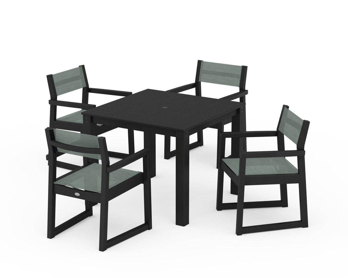 POLYWOOD EDGE Sling Arm Chair 5-Piece Parsons Dining Set in Black / Dupioni Sea Mist