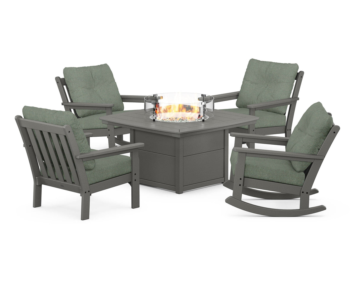 POLYWOOD Vineyard 5-Piece Deep Seating Rocking Chair Conversation Set with Fire Pit Table in Slate Grey / Cast Sage
