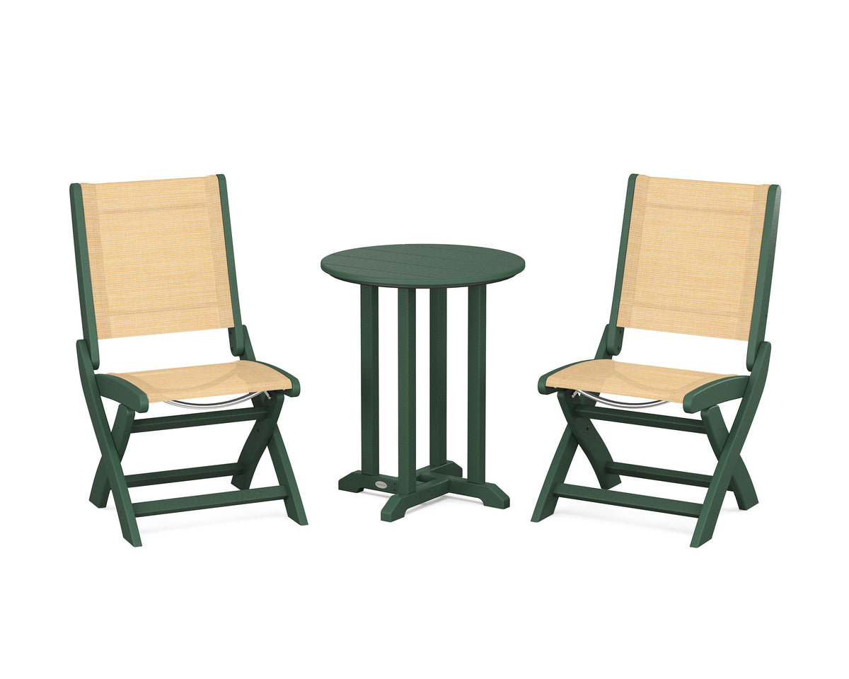 POLYWOOD Coastal Folding Side Chair 3-Piece Round Bistro Dining Set in Green / Dupioni Apricot