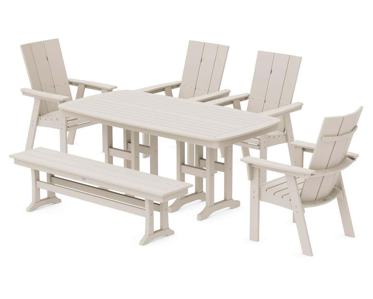 POLYWOOD Modern Curveback Adirondack 6-Piece Dining Set with Bench in Sand