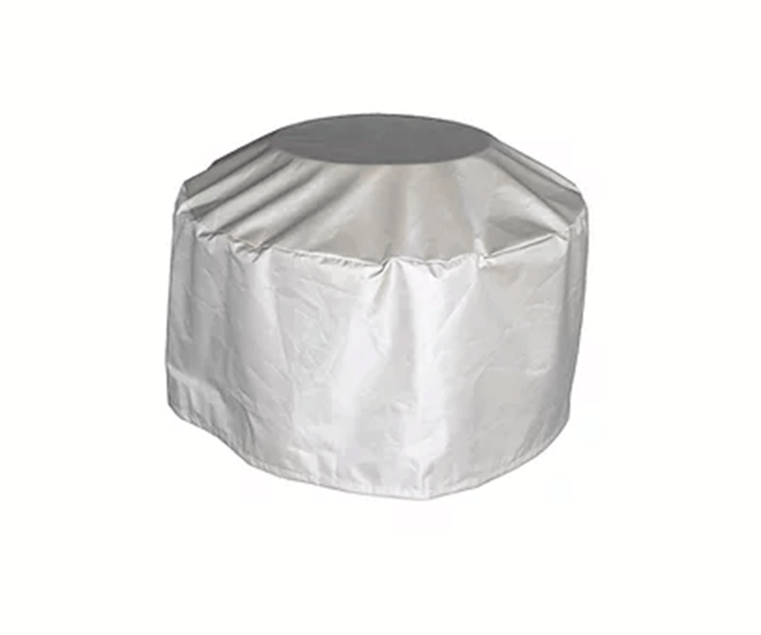 Berlin Gardens 46" Round Fire Pit Cover: gray cover fitted over a round fire pit