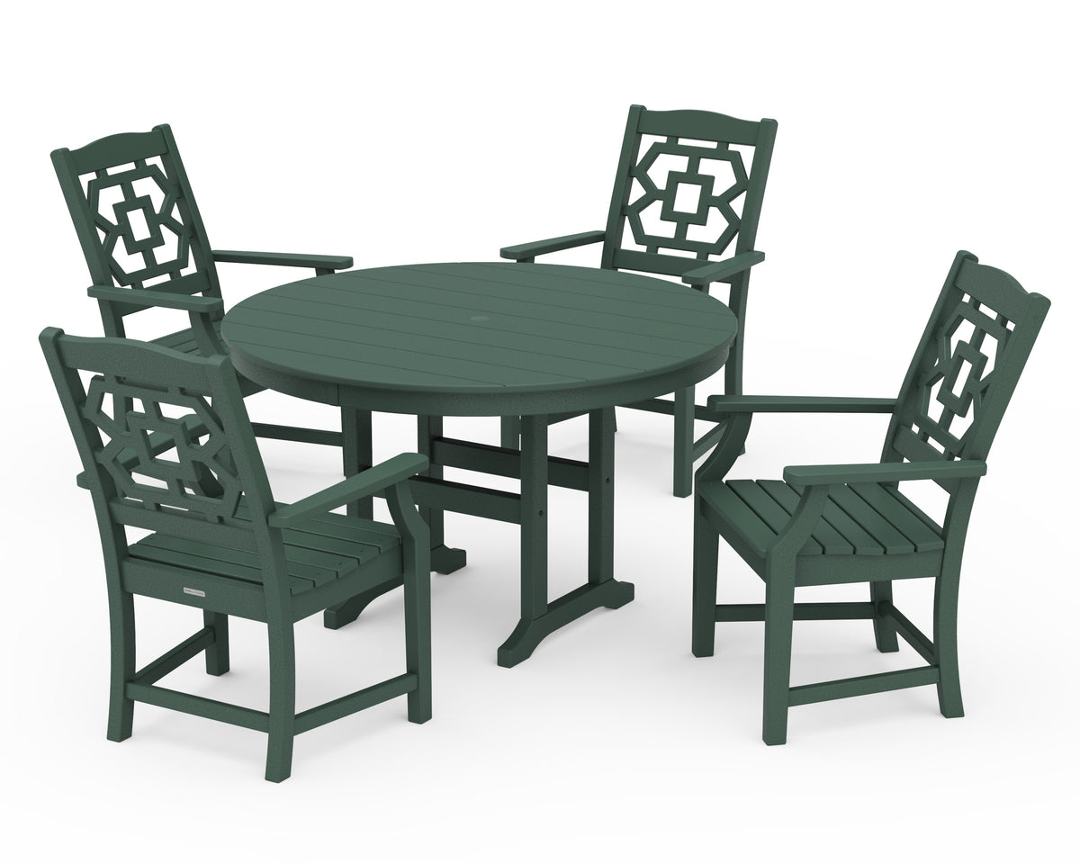 POLYWOOD Chinoiserie 5-Piece Round Farmhouse Dining Set in Green