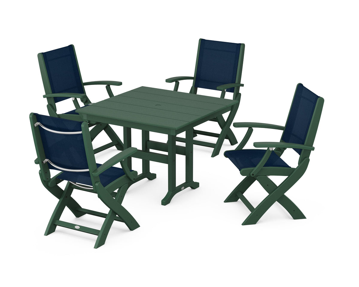 POLYWOOD Coastal Folding Chair 5-Piece Farmhouse Dining Set in Green / Navy Blue