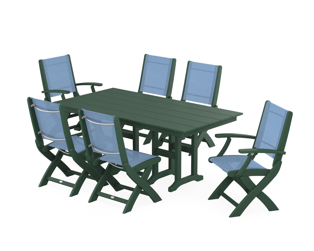 POLYWOOD Coastal Folding Chair 7-Piece Farmhouse Dining Set in Green / Poolside