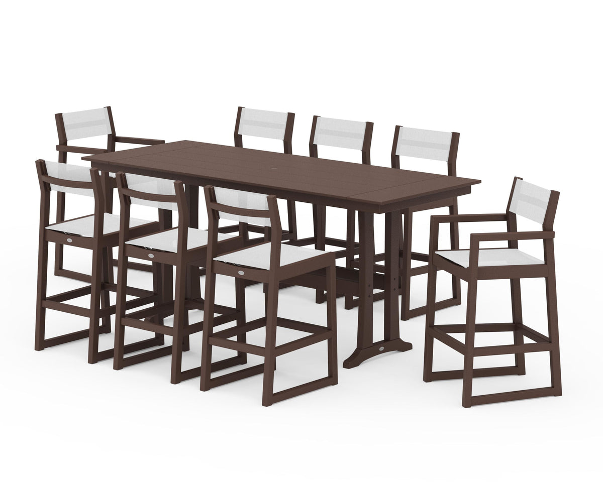 POLYWOOD EDGE Sling 9-Piece Farmhouse Bar Set with Trestle Legs in Mahogany / White