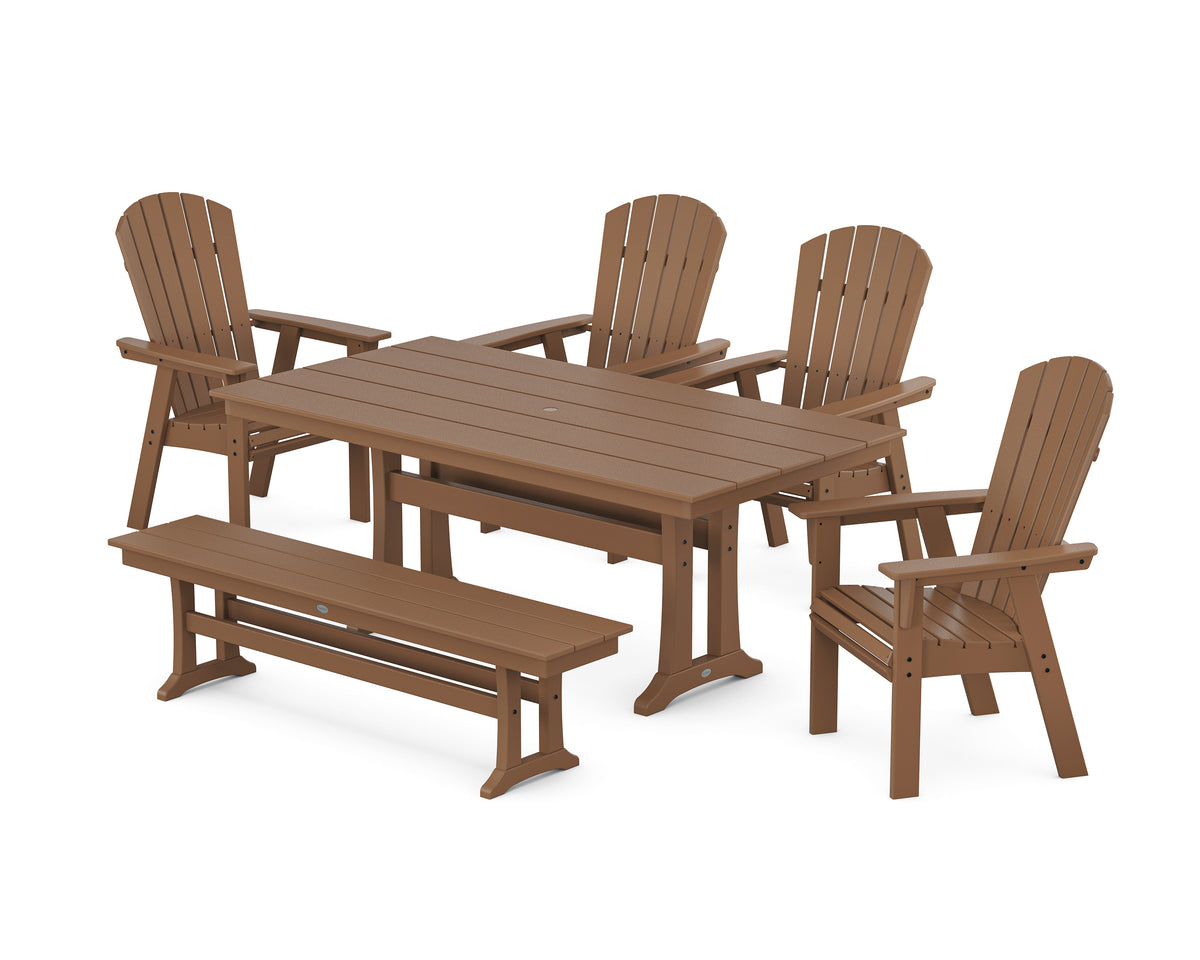 POLYWOOD Nautical Curveback Adirondack 6-Piece Farmhouse Dining Set with Trestle Legs and Bench in Teak