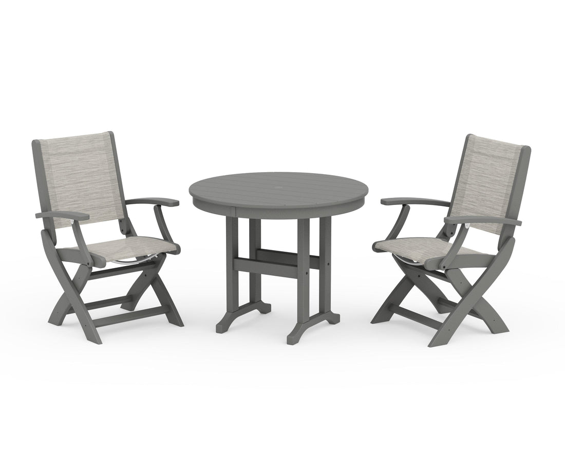 POLYWOOD Coastal Folding Chair 3-Piece Round Dining Set in Slate Grey / Birch