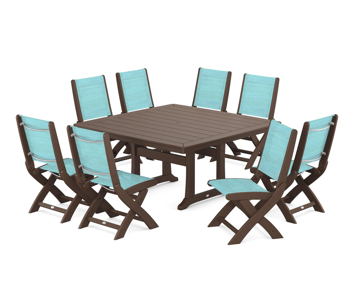 POLYWOOD Coastal Folding Side Chair 9-Piece Dining Set with Trestle Legs in Mahogany / Dupioni Aquamarine