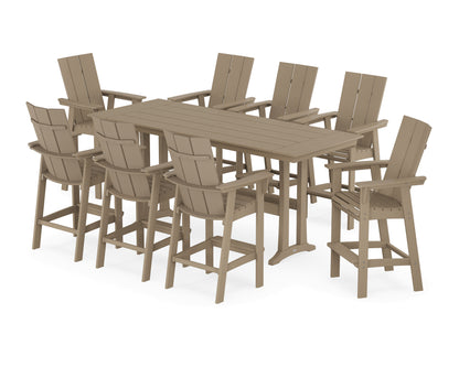 POLYWOOD Modern Curveback Adirondack 9-Piece Farmhouse Bar Set with Trestle Legs in Vintage Sahara