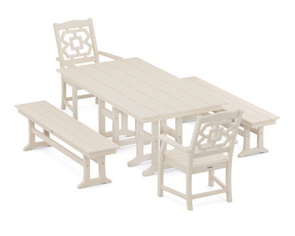 POLYWOOD Chinoiserie 5-Piece Farmhouse Dining Set with Benches in Sand