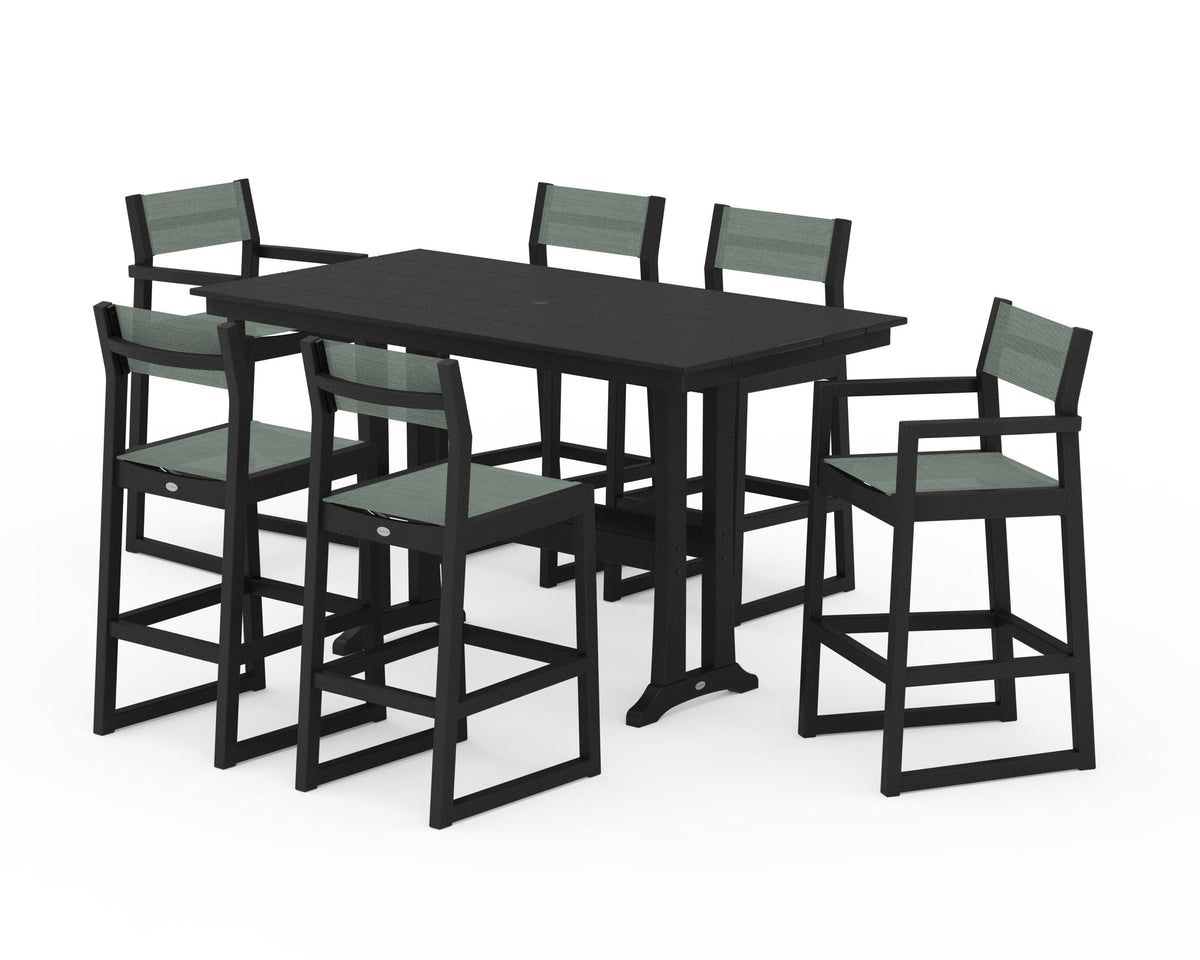 POLYWOOD EDGE Sling 7-Piece Farmhouse Bar Set with Trestle Legs in Black / Dupioni Sea Mist
