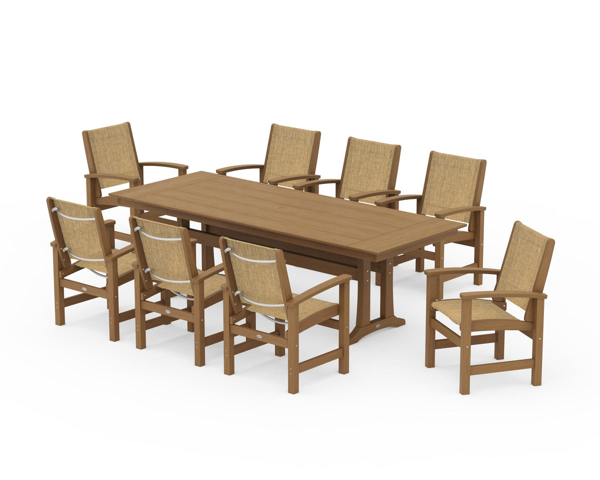 POLYWOOD Coastal 9-Piece Farmhouse Dining Set with Trestle Legs in Natural / Burlap