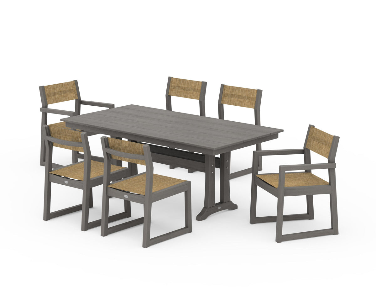 POLYWOOD EDGE Sling 7-Piece Farmhouse Trestle Dining Set in Driftwood / Burlap