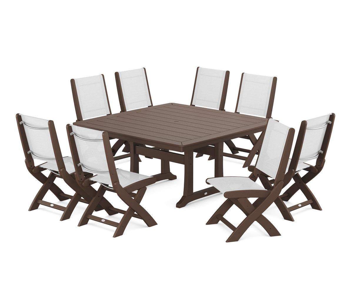 POLYWOOD Coastal Folding Side Chair 9-Piece Dining Set with Trestle Legs in Mahogany / White