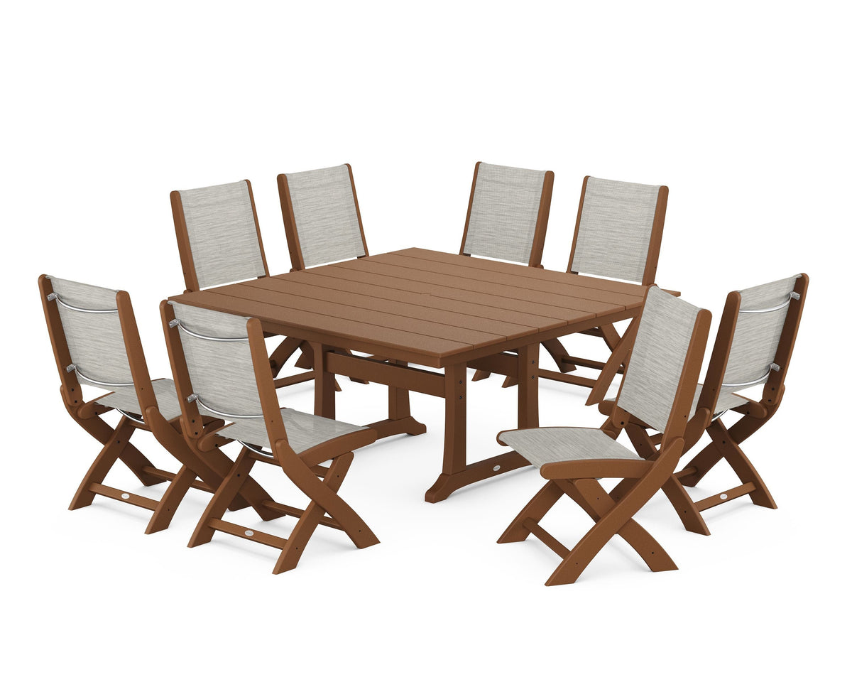 POLYWOOD Coastal Folding Side Chair 9-Piece Farmhouse Dining Set in Teak / Birch