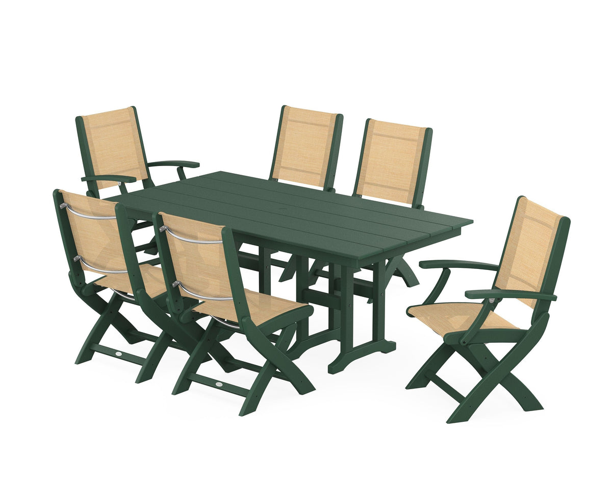 POLYWOOD Coastal Folding Chair 7-Piece Farmhouse Dining Set in Green / Dupioni Apricot