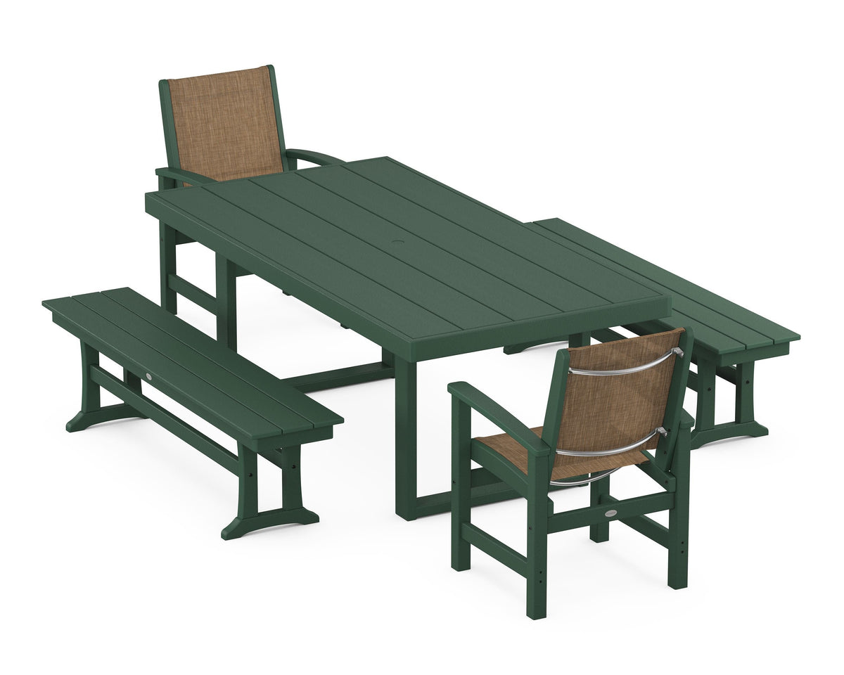 POLYWOOD Coastal 5-Piece Dining Set with Trestle Legs with EDGE 40" x 78" Dining Table in Green / Burlap