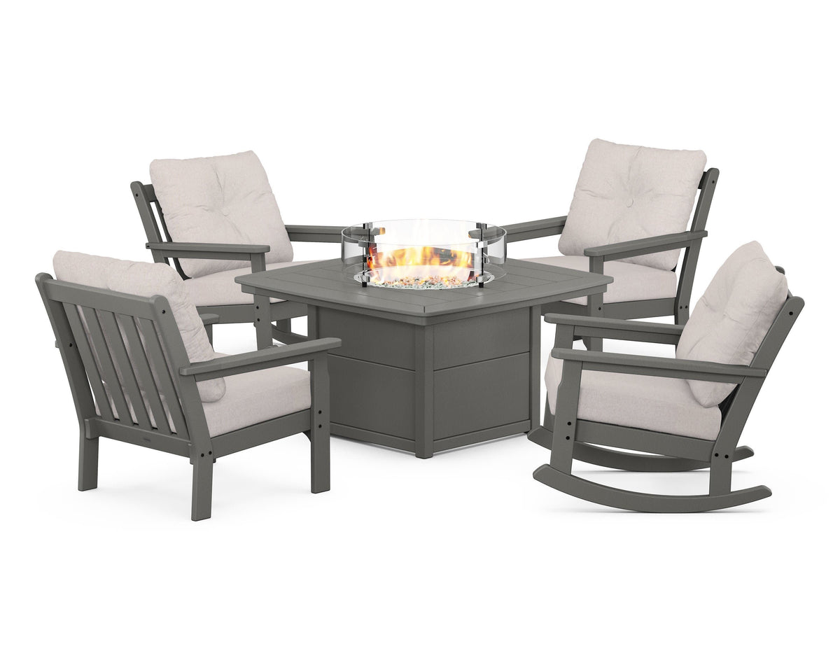 POLYWOOD Vineyard 5-Piece Deep Seating Rocking Chair Conversation Set with Fire Pit Table in Slate Grey / Dune Burlap