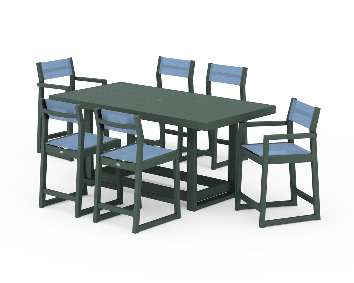 POLYWOOD EDGE Sling 7-Piece Counter Table Set in Green / Poolside