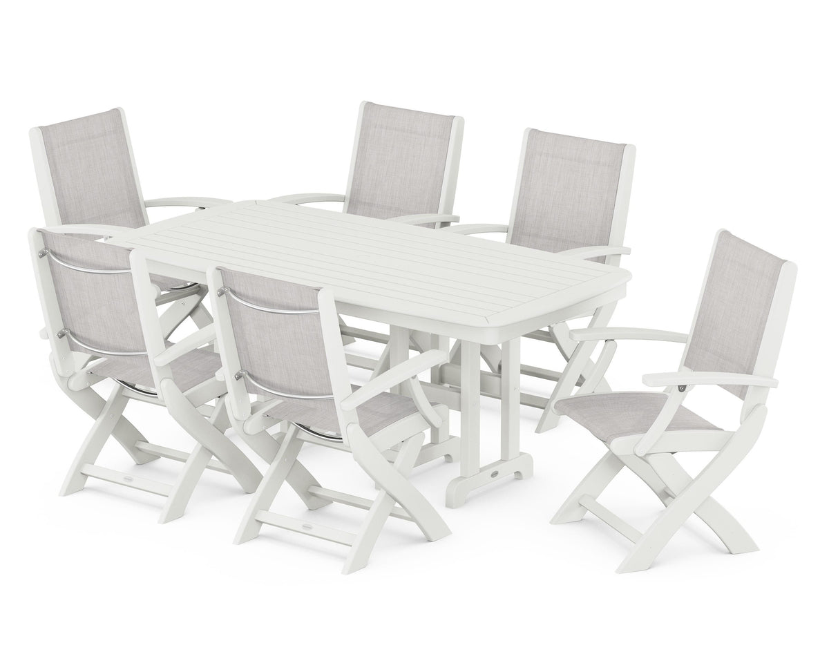 POLYWOOD Coastal Folding Arm Chair 7-Piece Dining Set in Vintage White / Parchment