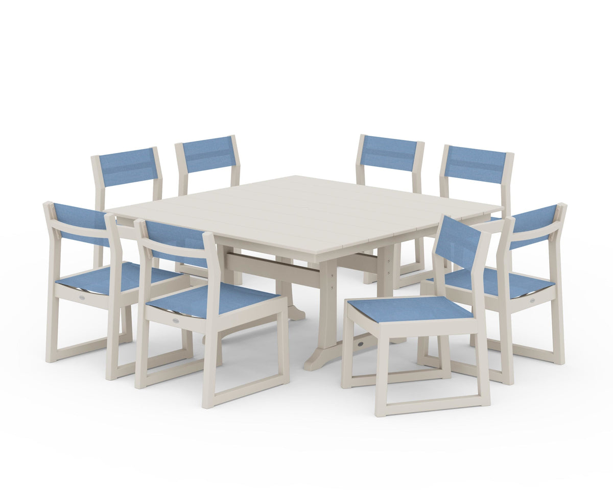 POLYWOOD EDGE Sling Side Chair 9-Piece Farmhouse Trestle Dining Set in Sand / Poolside