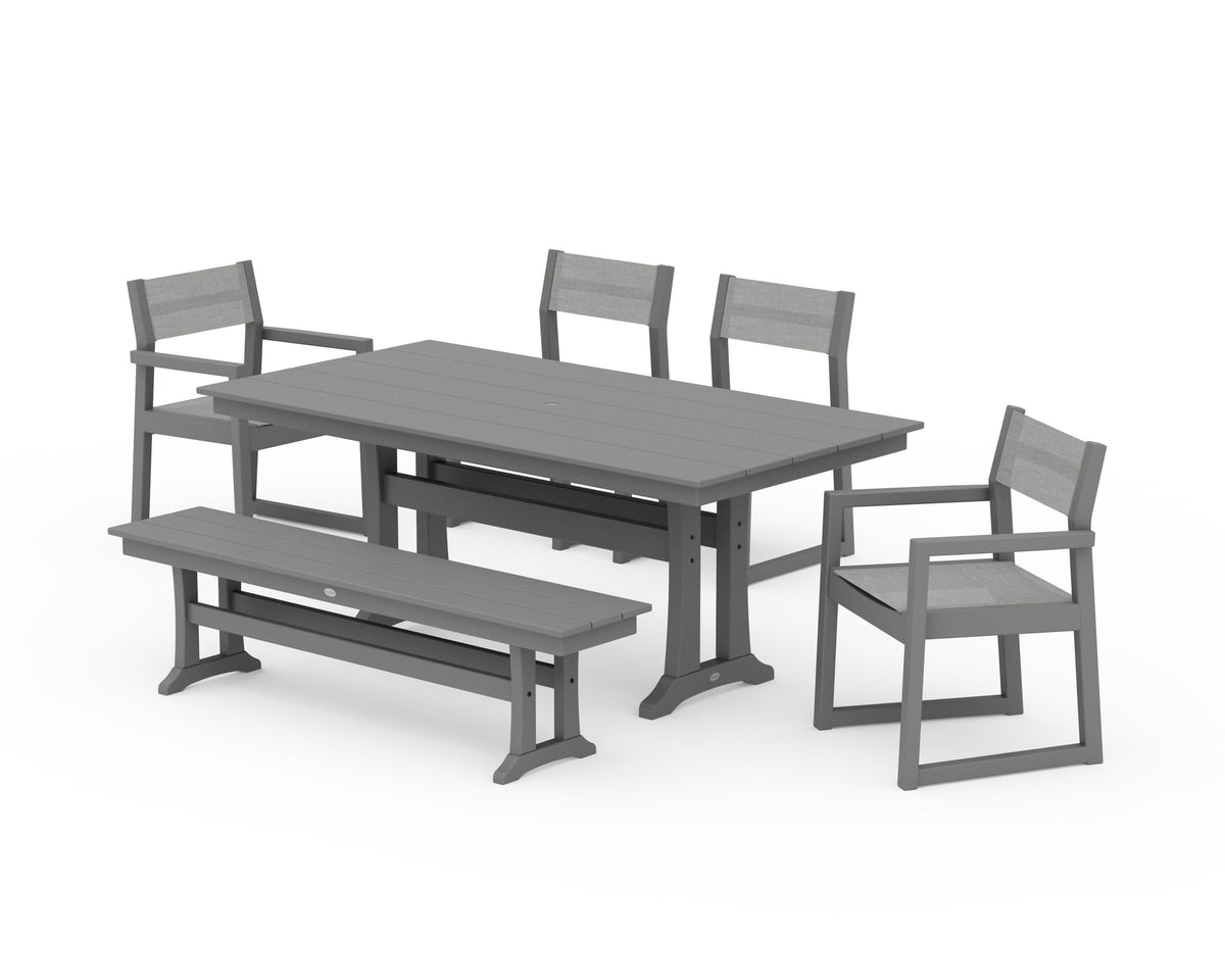POLYWOOD EDGE Sling 6-Piece Farmhouse Dining Set With Trestle Legs in Slate Grey / Metallic