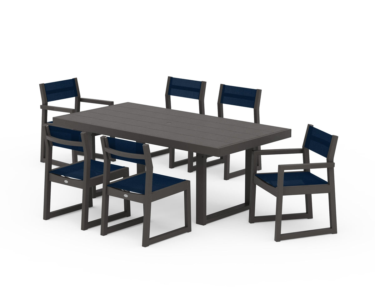 POLYWOOD EDGE Sling 7-Piece Dining Set in Vintage Coffee / Navy Blue