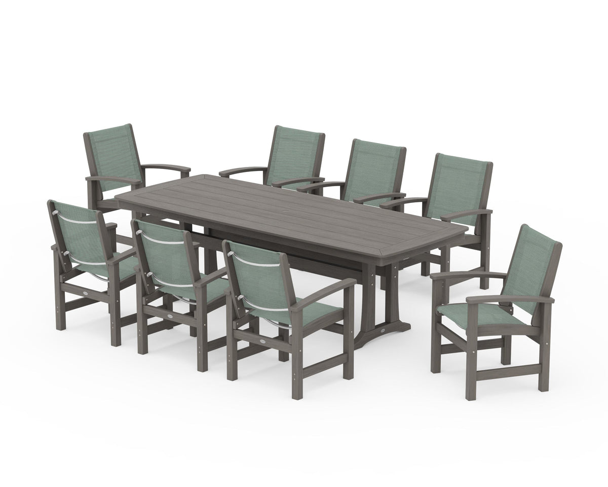 POLYWOOD Coastal 9-Piece Dining Set with Trestle Legs in Driftwood / Dupioni Sea Mist