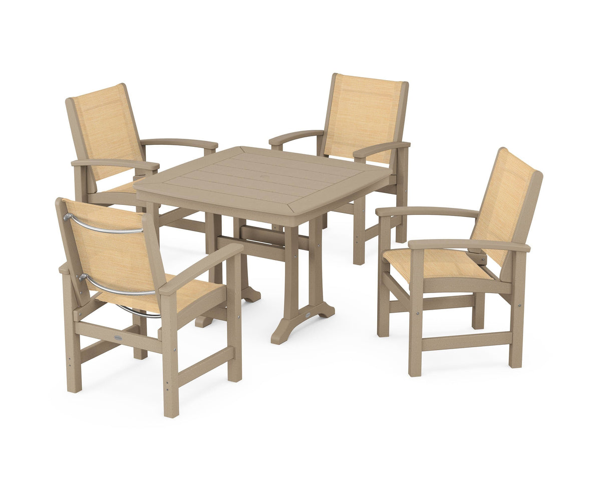 POLYWOOD Coastal 5-Piece Dining Set with Trestle Legs with Nautical Trestle 37" Dining Table in Vintage Sahara / Dupioni Apricot