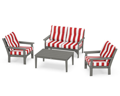 POLYWOOD Vineyard 4-Piece Deep Seating Set with Two Chairs and Loveseat in Slate Grey / Cabana Stripe Crimson