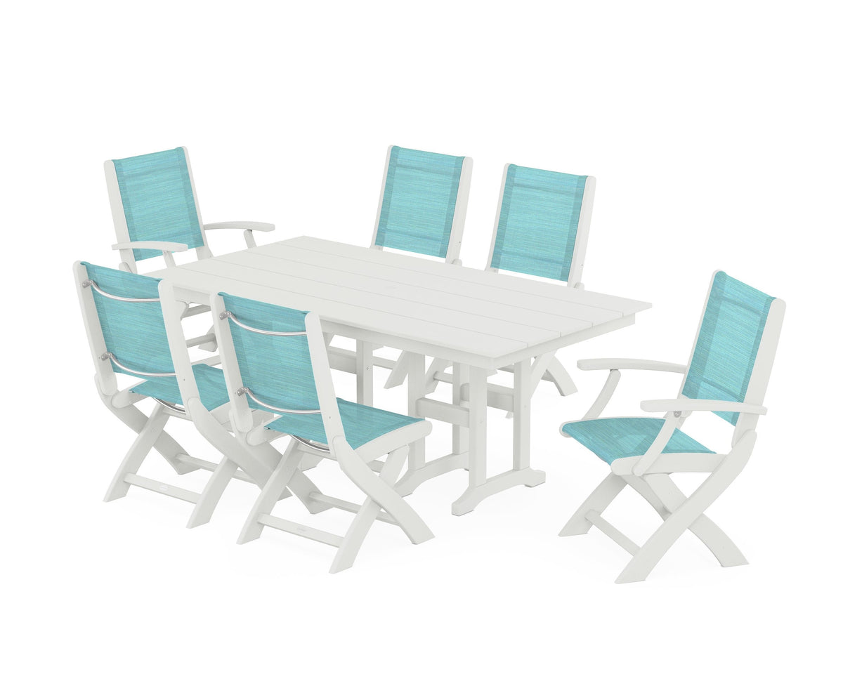 POLYWOOD Coastal Folding Chair 7-Piece Farmhouse Dining Set in Vintage White / Dupioni Aquamarine