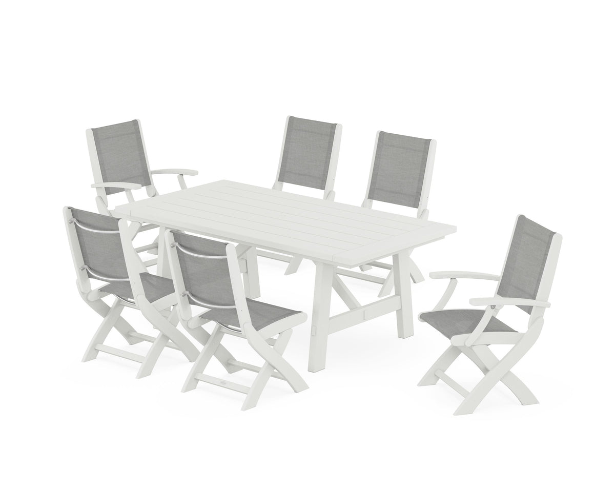 POLYWOOD Coastal Folding Chair 7-Piece Rustic Farmhouse Dining Set in Vintage White / Metallic