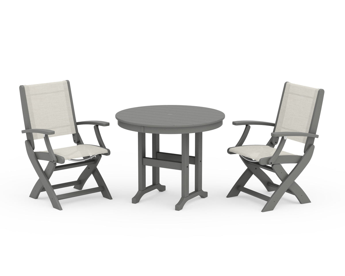 POLYWOOD Coastal Folding Chair 3-Piece Round Dining Set in Slate Grey / Parchment