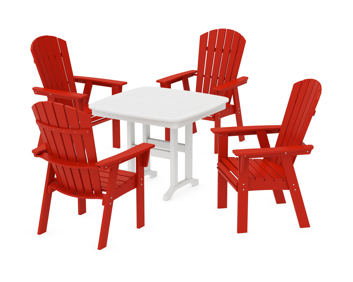 POLYWOOD Nautical Curveback Adirondack 5-Piece Dining Set - 37" Table in Sunset Red / White