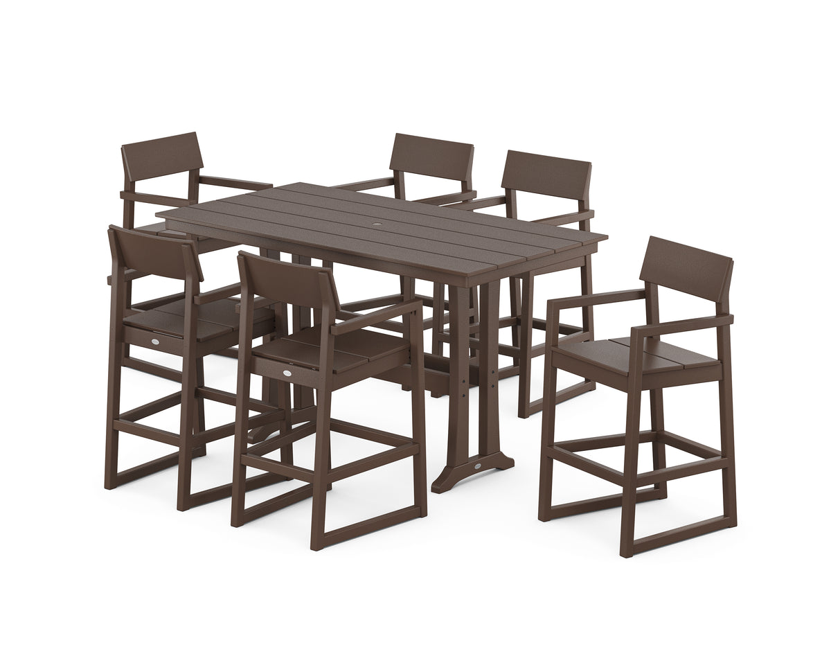 POLYWOOD EDGE Arm Chair 7-Piece Farmhouse Bar Set with Trestle Legs in Mahogany