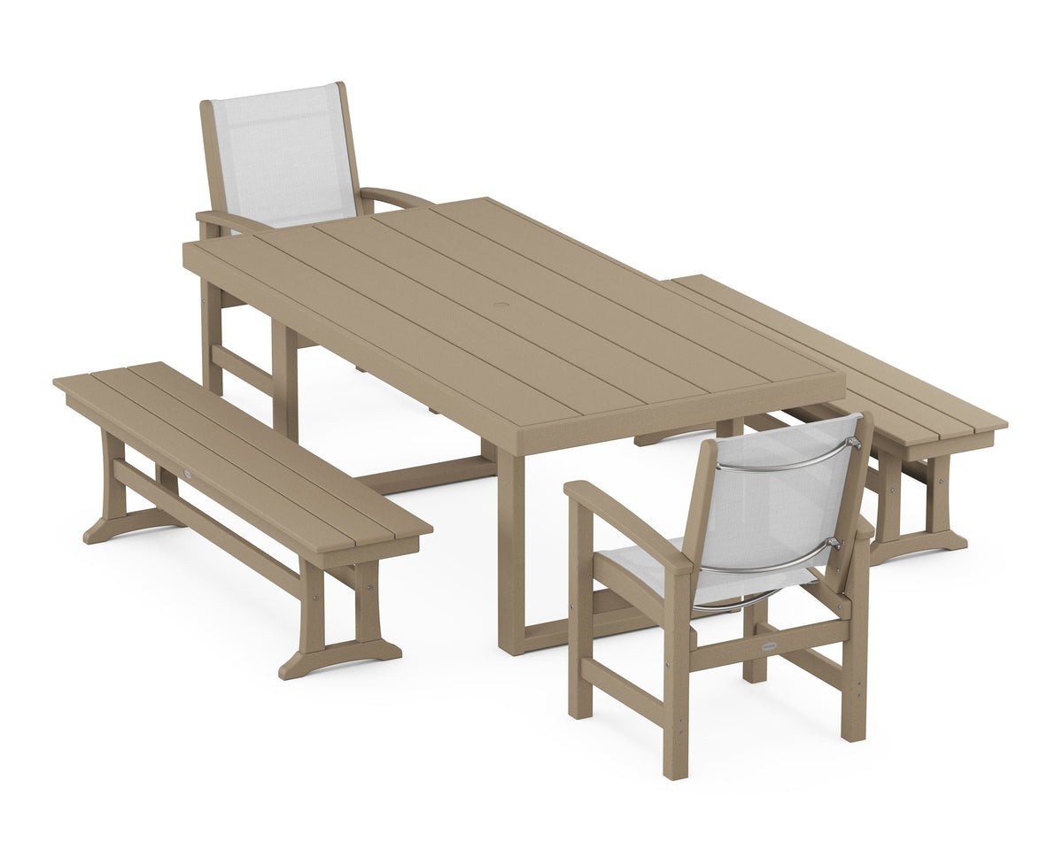 POLYWOOD Coastal 5-Piece Dining Set with Trestle Legs with EDGE 40" x 78" Dining Table in Vintage Sahara / White