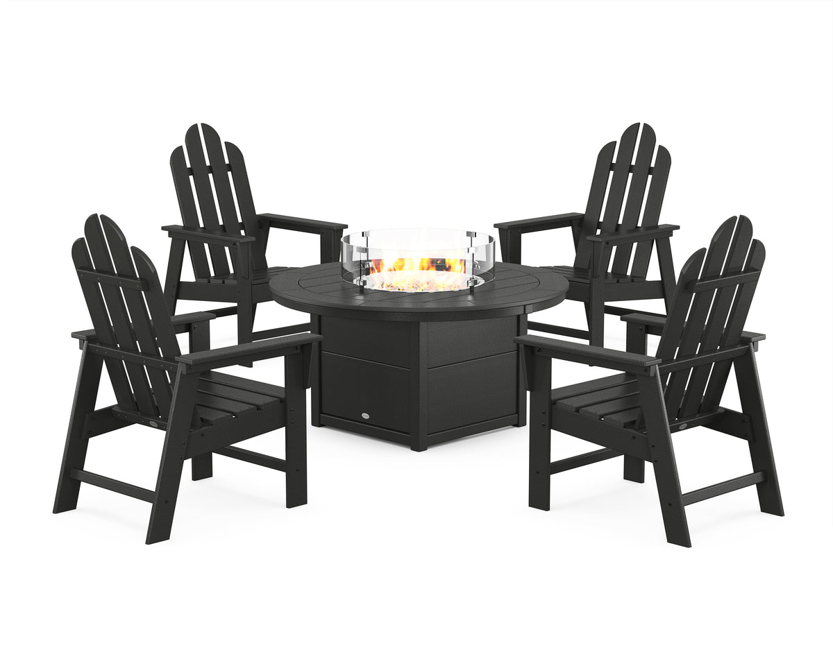 POLYWOOD Long Island 4-Piece Upright Adirondack Conversation Set with Fire Pit Table in Black