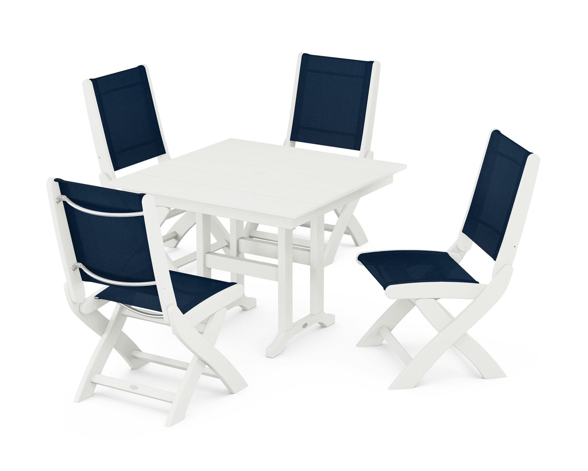 POLYWOOD Coastal Folding Side Chair 5-Piece Farmhouse Dining Set in Vintage White / Navy Blue